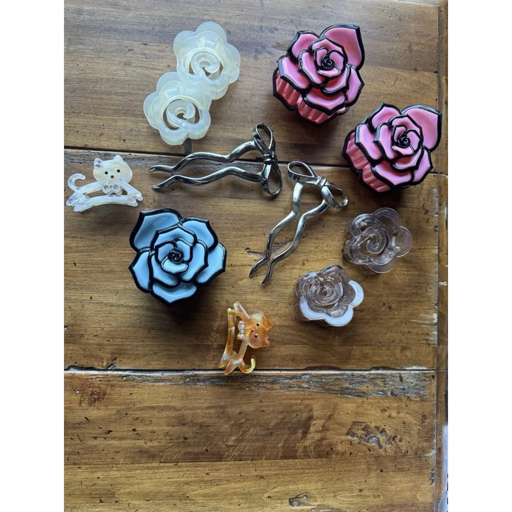 12pc Hair Clip Bundle Rose Enamel Claw Clip Cat Bow Stick Pin Coquette Kawaii